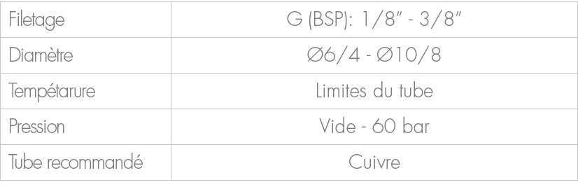 Filetage,G (BSP): 1/8” 3/8”,Diam tre, 6/4 10/8,Temp tarure,Limites du tube,Pression,Vide 60 bar,Tube recommand ,Cuivre